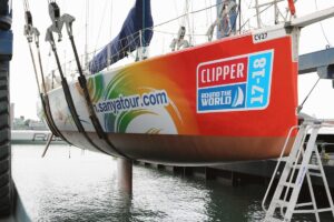 Coppercoat Antifouled Clipper Round the World Yacht in slings launching