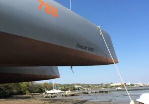 Aquarius Marine Coatings Coppercoat cost effective multi season marine antifoul bottom paint - Dazcat 788 Hissy Fit at launch showing her smooth coppercoat finish